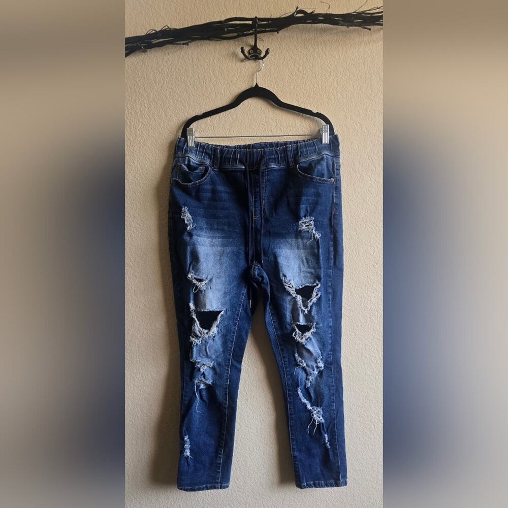 Elite Jeans Heavily Distressed Denim Joggers Elastic Drawstring Waist Blue [1x]